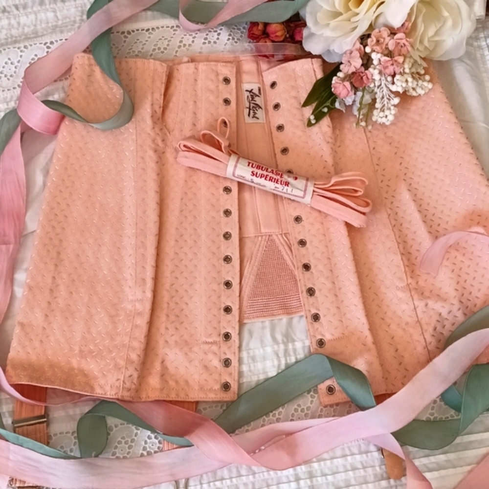 UNWORN VTG FRENCH PINK BONED CORSET GIRDLE W/ GARTERS/SUSPENDERS, LACE UP BACK!